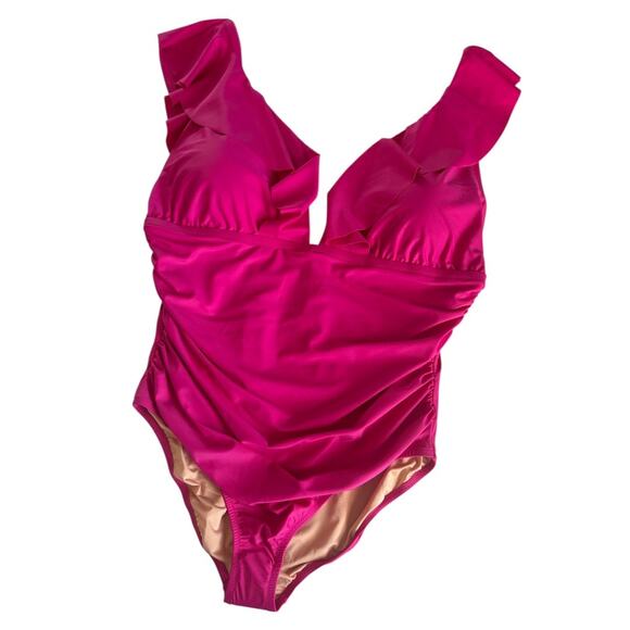 J.Crew Radiant Fuchsia Pink Ruched Ruffle One Piece Swimsuit Women's Size 20 NWT - Picture 1 of 10
